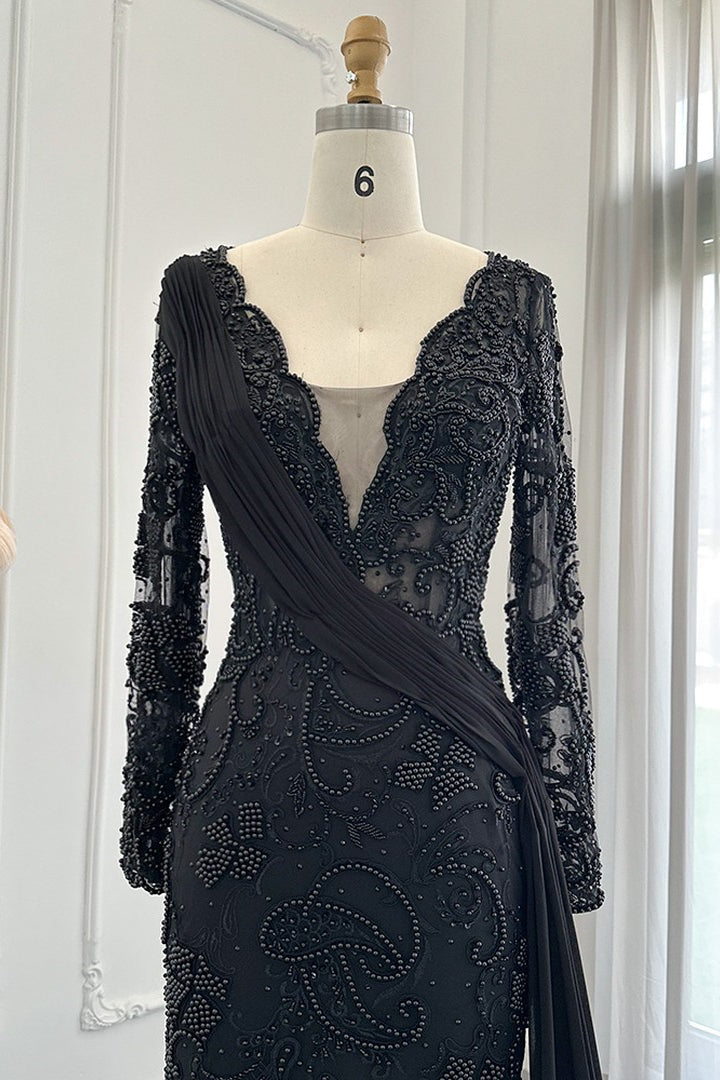 Black Mermaid Prom Dress Long Sleeve V Neck Formal Dress With Lace Appliques