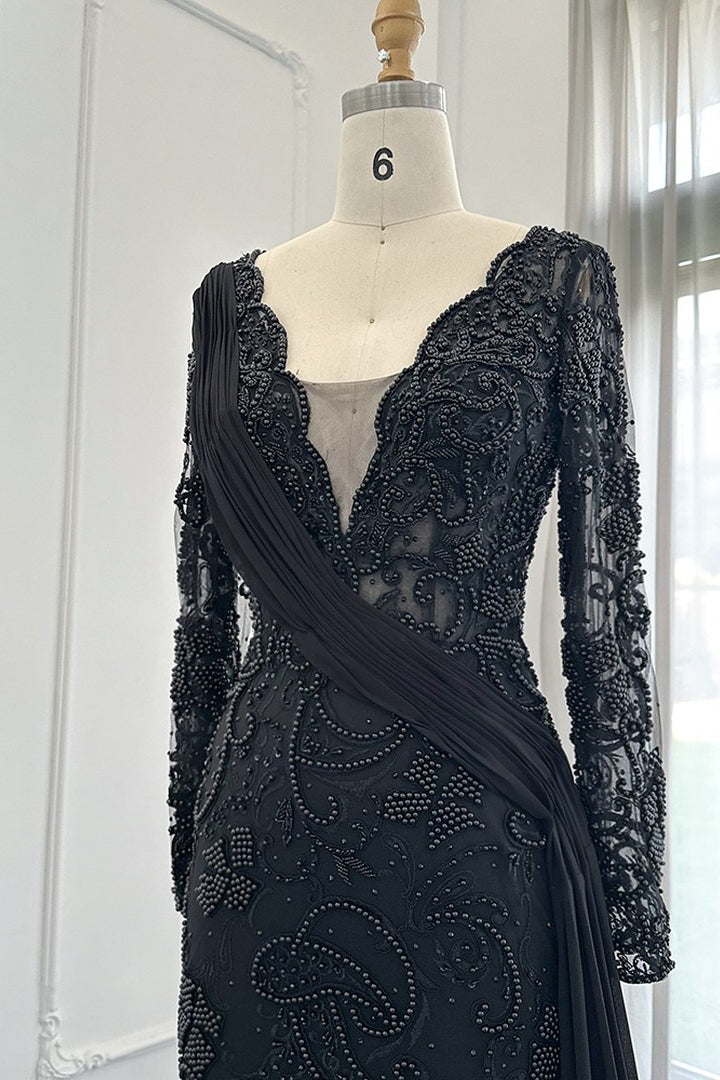 Black Mermaid Prom Dress Long Sleeve V Neck Formal Dress With Lace Appliques