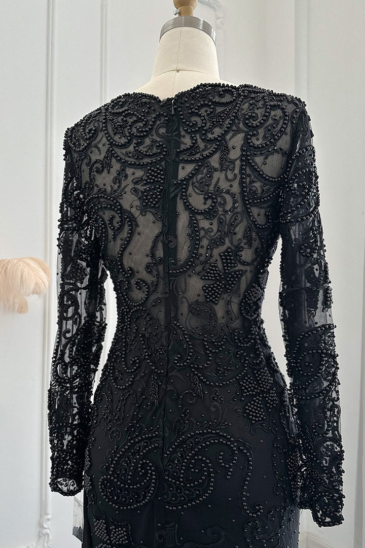Black Mermaid Prom Dress Long Sleeve V Neck Formal Dress With Lace Appliques