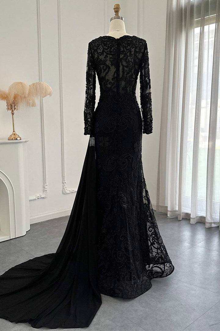 Black Mermaid Prom Dress Long Sleeve V Neck Formal Dress With Lace Appliques