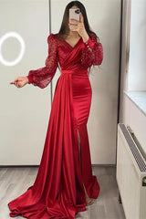 Black Mermaid Prom Dress Long Sleeve V Neck Satin Formal Dress With Sequins
