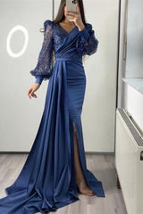 Black Mermaid Prom Dress Long Sleeve V Neck Satin Formal Dress With Sequins