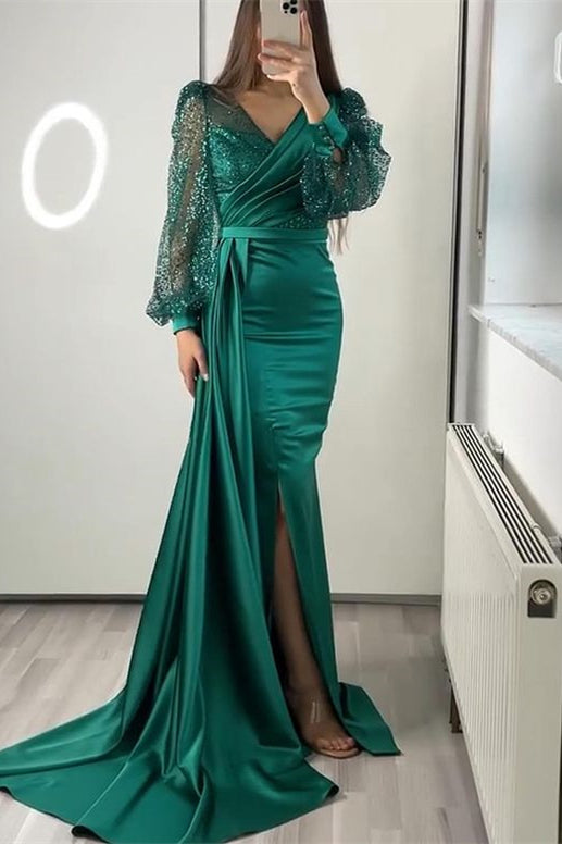 Black Mermaid Prom Dress Long Sleeve V Neck Satin Formal Dress With Sequins