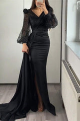 Black Mermaid Prom Dress Long Sleeve V Neck Satin Formal Dress With Sequins