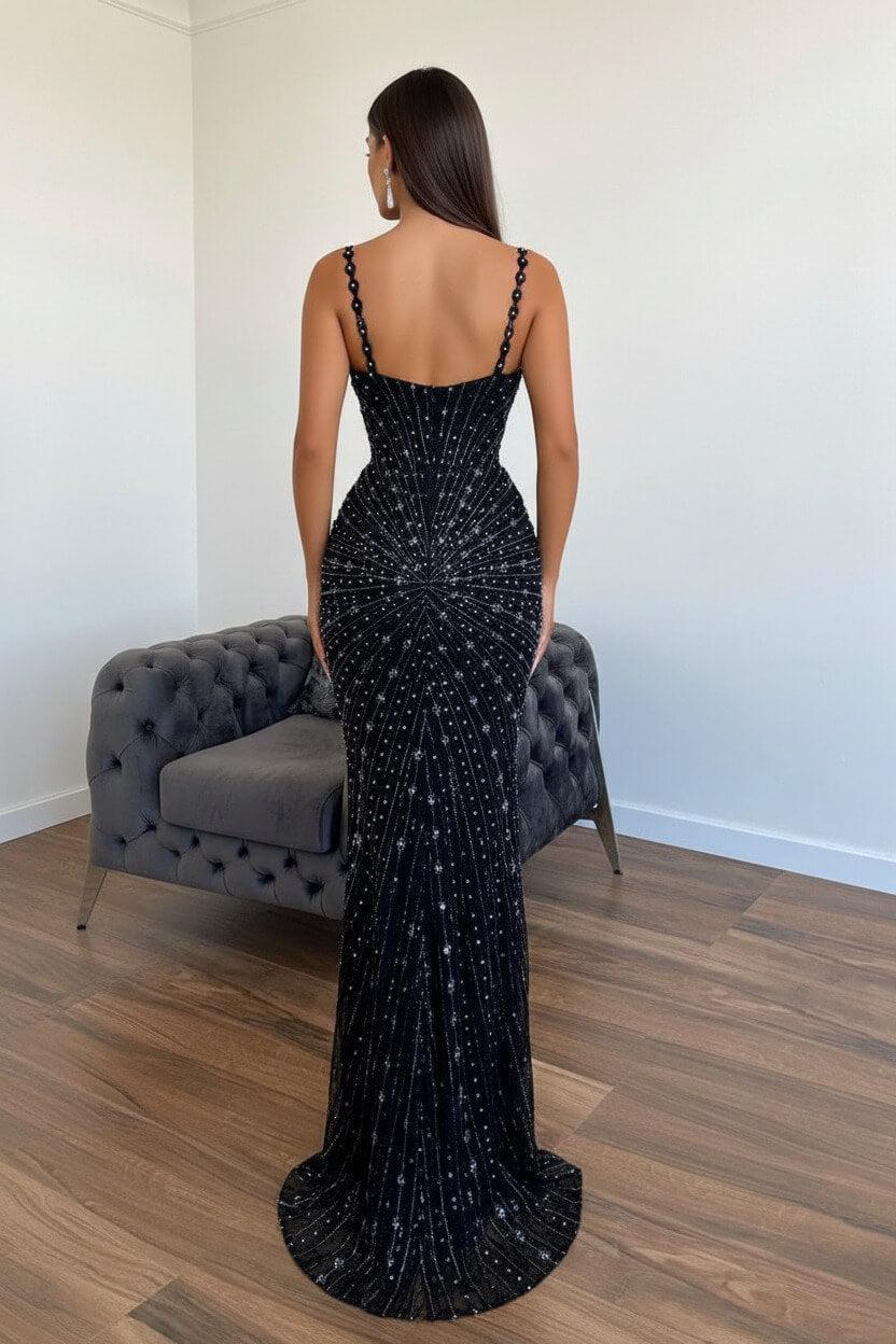 Black Mermaid Prom Dress Sleeveless Spaghetti Straps Formal Dress With Beadings