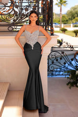Black Mermaid Prom Dress Sleeveless Spaghetti Straps Formal Dress With Beadings and Rhinestones