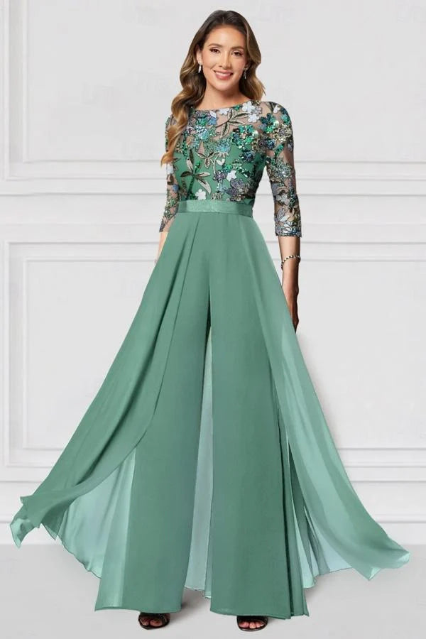 Black Mother of the Bride Pantsuit 3/4 Sleeve Wedding Guest Dress Pantsuit with Lace Appliques