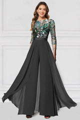 Black Mother of the Bride Pantsuit 3/4 Sleeve Wedding Guest Dress Pantsuit with Lace Appliques
