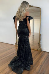 Black Off-Shoulder Sequin Mermaid Prom Dress With Bow Sleeves And Train Formal Evening Gown