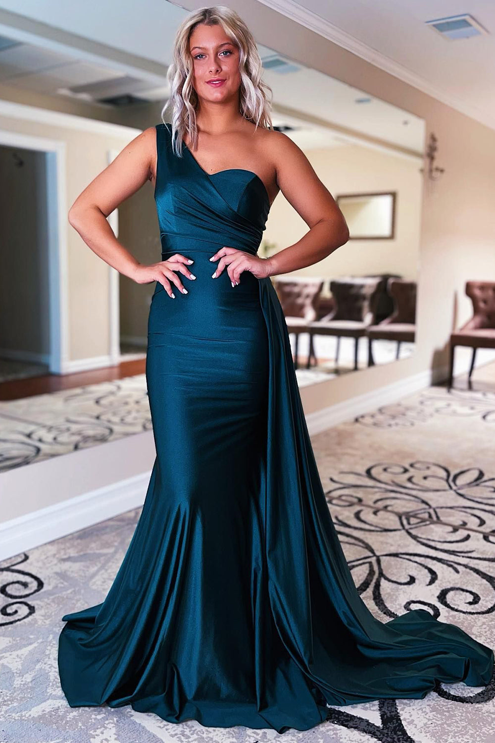 Black One Shoulder Mermaid Prom Dress with Panel Train