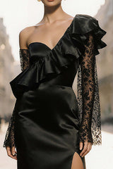 Dressystars Black One Shoulder Satin Ruffled Long Evening Dress With Lace