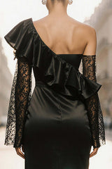 Dressystars Black One Shoulder Satin Ruffled Long Evening Dress With Lace