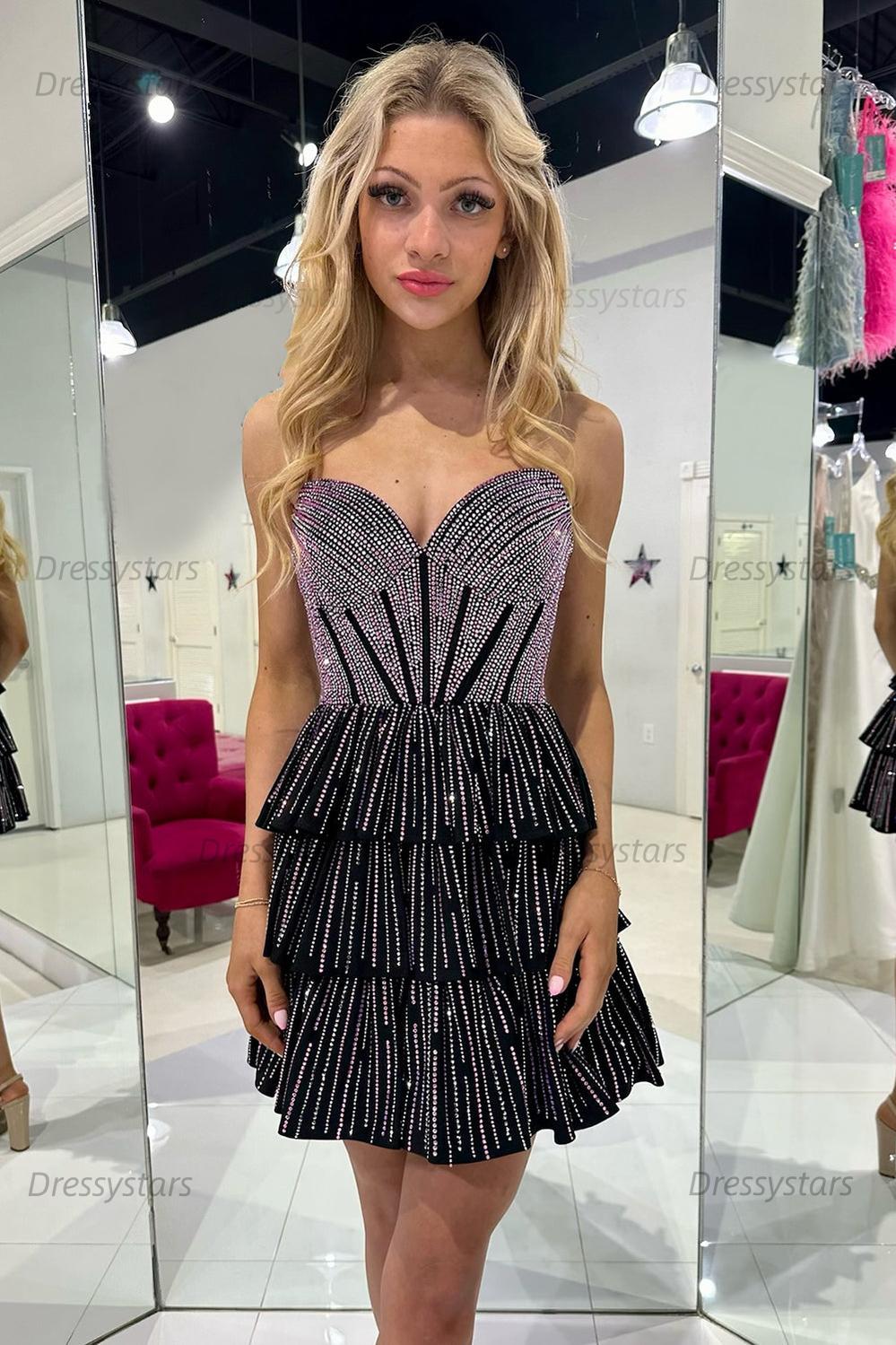 Black Pink Homecoming Dresses A Line Corset Strapless Tiered Short Cocktail Dresses with Beadings