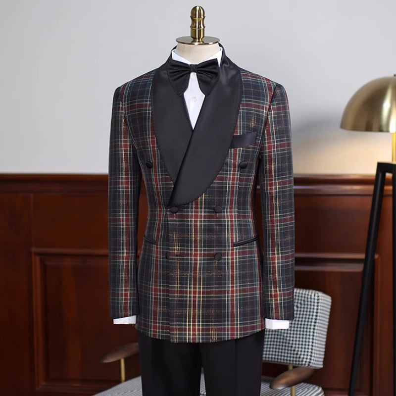 Black Plaid Double Breasted Shawl Lapel Prom Suit