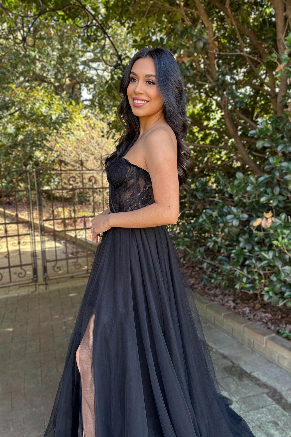 Dressystars Black Prom Dress A Line Corset Long Evening Dress with Slit Dressystars Black Prom Dress A Line Corset Long Evening Dress with Slit