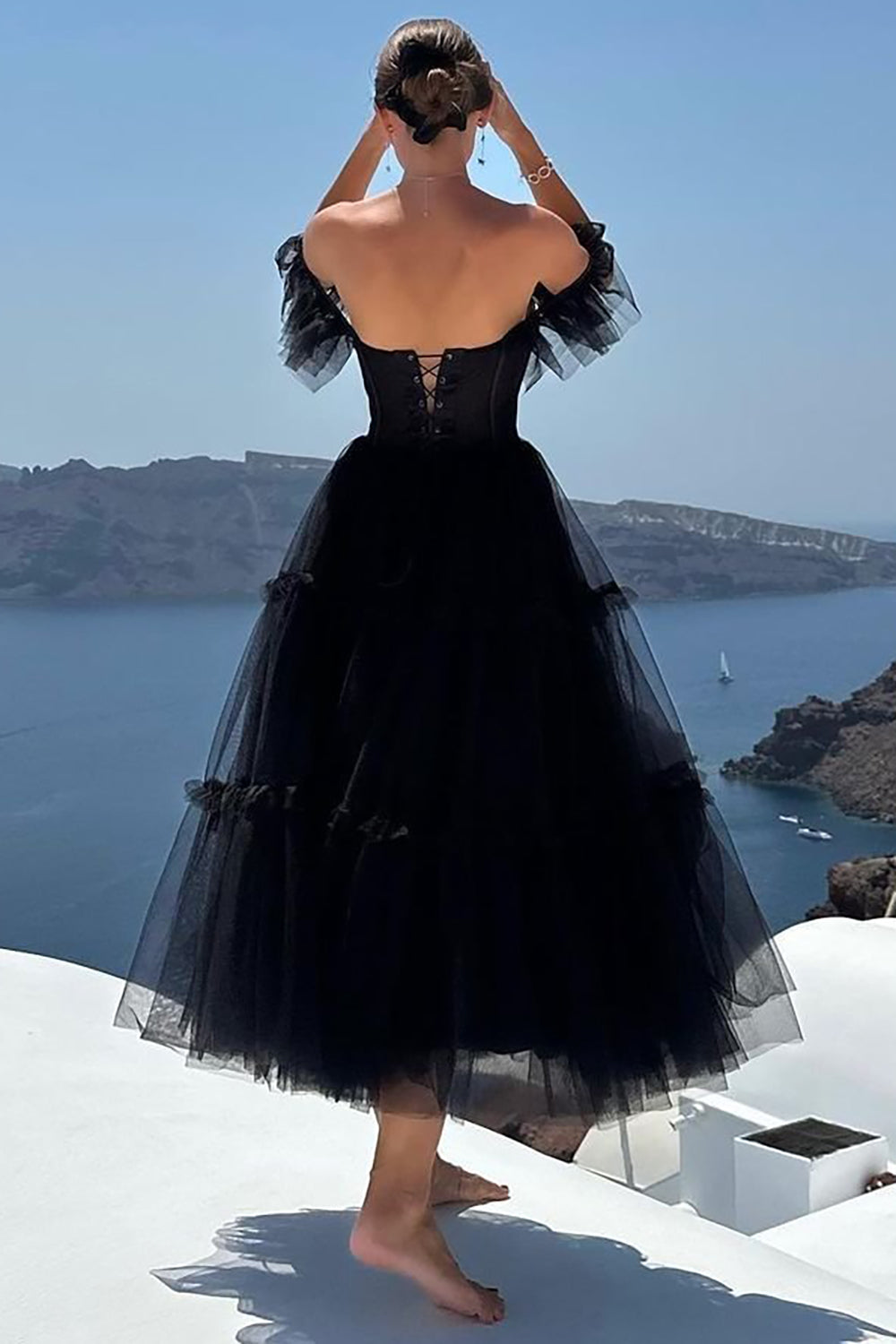 Black Prom Dress A-Line Corset Ruffled Tulle Homecoming Dress