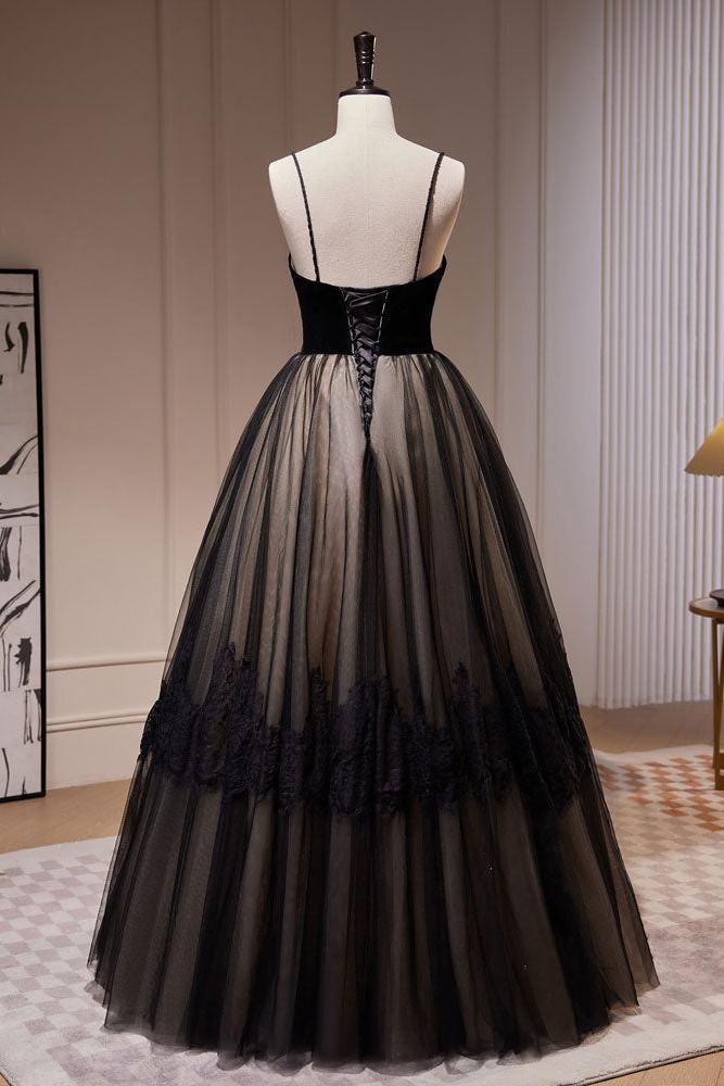 Black Prom Dress A Line Lace Tulle Long Formal Evening Dress