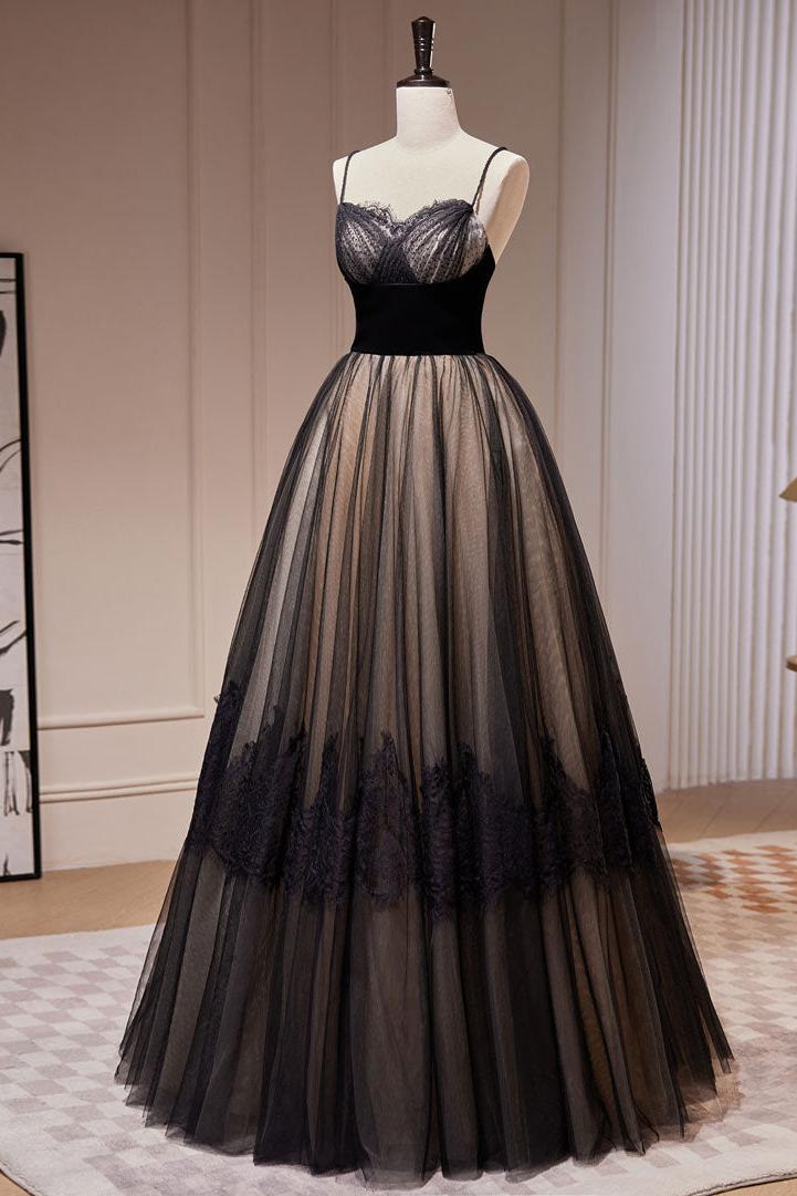 Black Prom Dress A Line Lace Tulle Long Formal Evening Dress