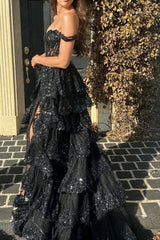 Black Prom Dress A Line Off the Shoulder Corset Evening Dress with Lace Ruffles