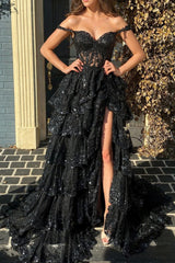 Black Prom Dress A Line Off the Shoulder Corset Evening Dress with Lace Ruffles