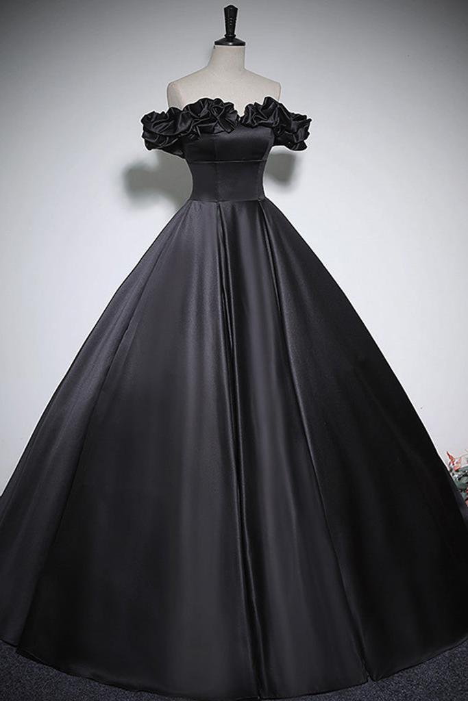 Black Prom Dress A Line Off the Shoulder Satin Long Formal Evening Dress