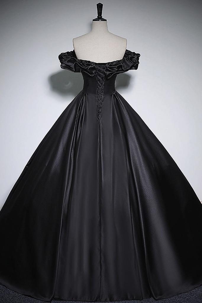 Black Prom Dress A Line Off the Shoulder Satin Long Formal Evening Dress