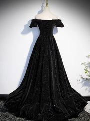 Black Prom Dress A Line Off the Shoulder Velvet Long Formal Gown Evening Dress