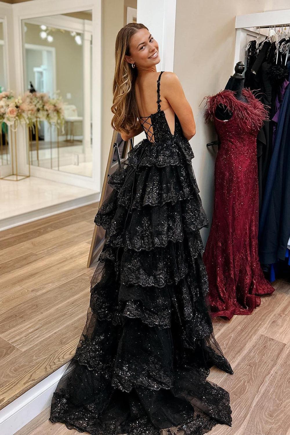 Black Prom Dress A Line Spaghetti Straps Tiered Long Appliqued Evening Dress With Slit