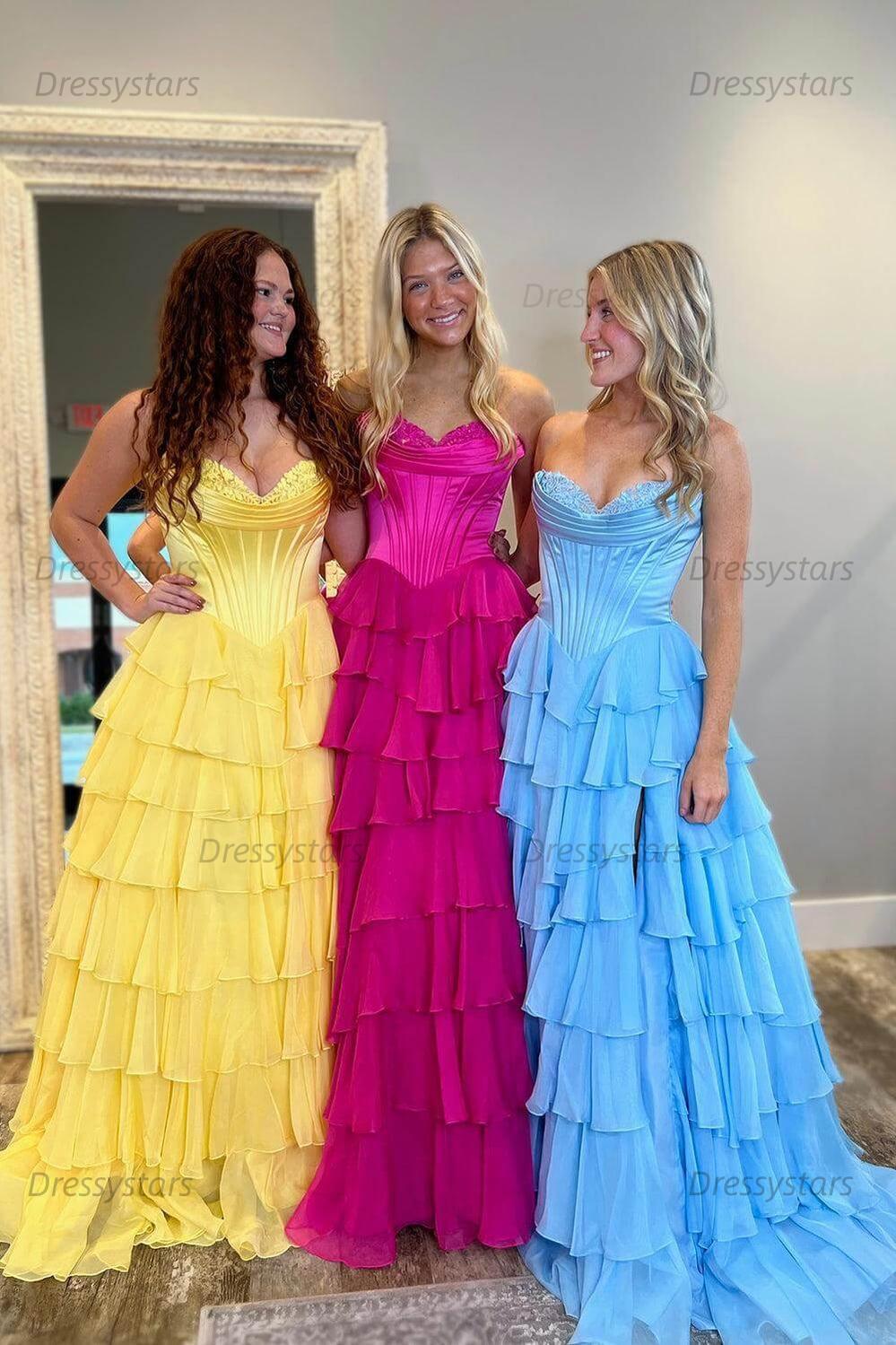 A Line Prom Dress Blue Strapless Tiered Corset Long Evening Dress