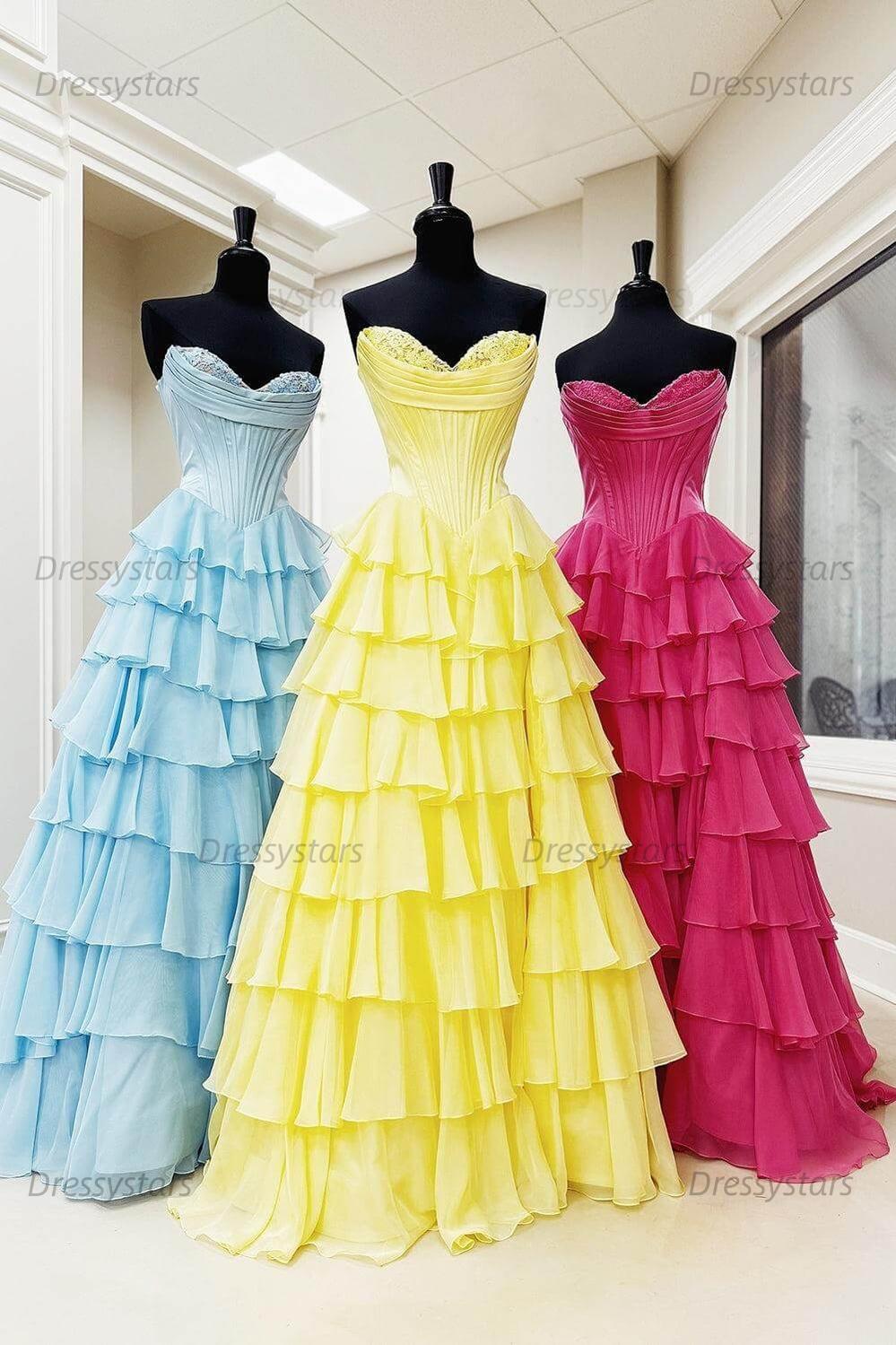 A Line Prom Dress Blue Strapless Tiered Corset Long Evening Dress