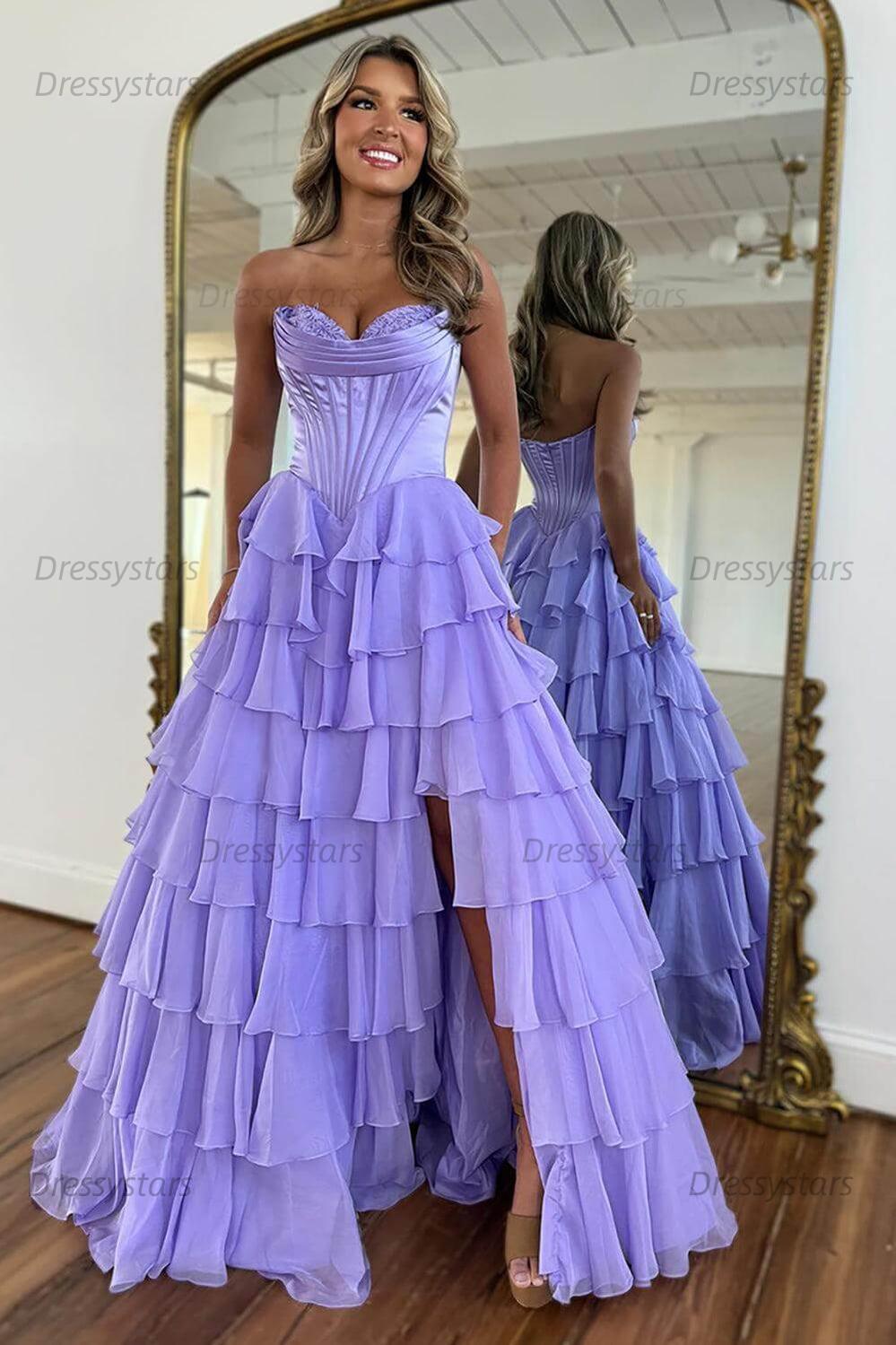 A Line Prom Dress Blue Strapless Tiered Corset Long Evening Dress