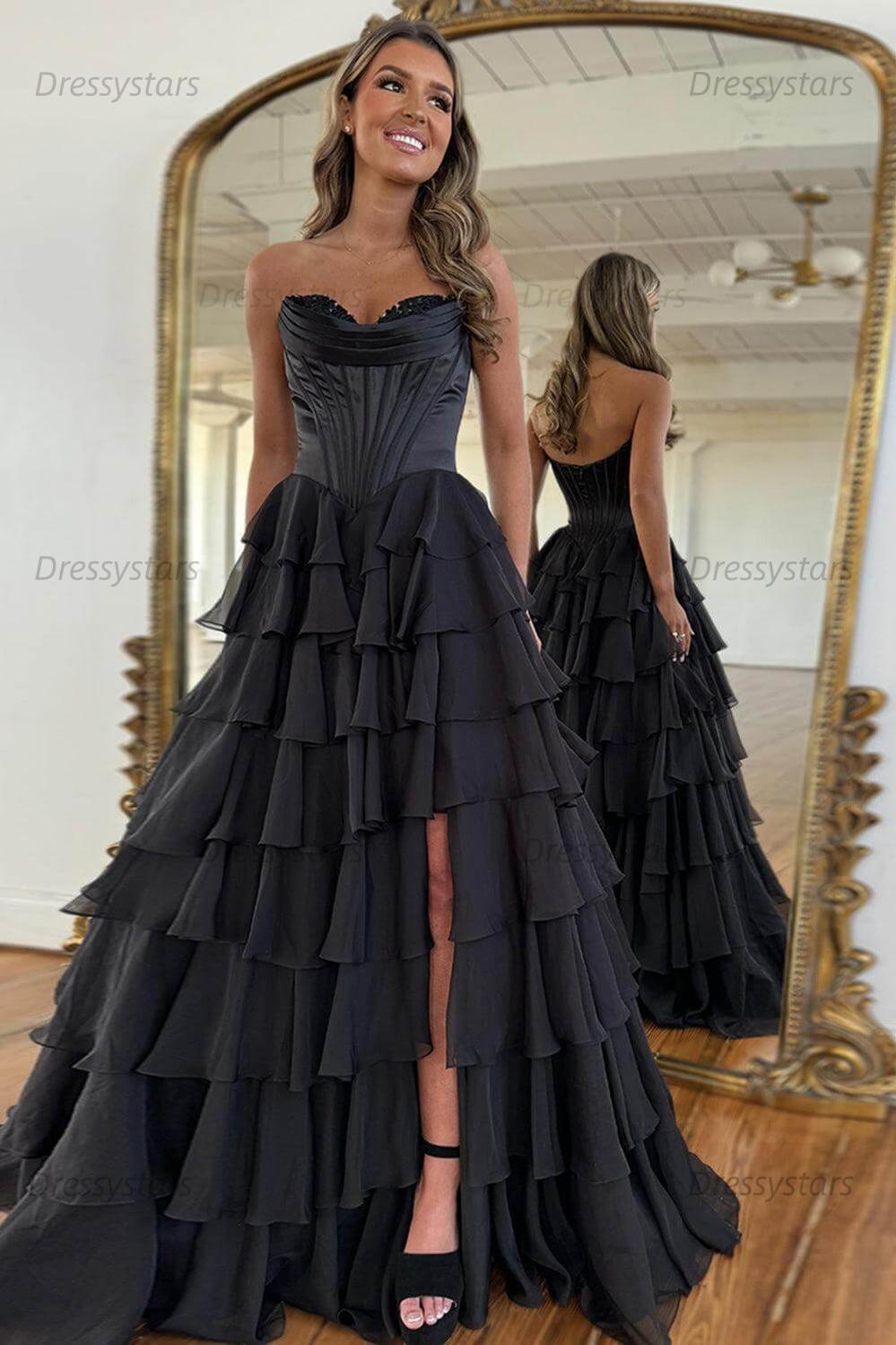 Dressystars A Line Prom Dress Blue Strapless Tiered Corset Long Evening  Dress