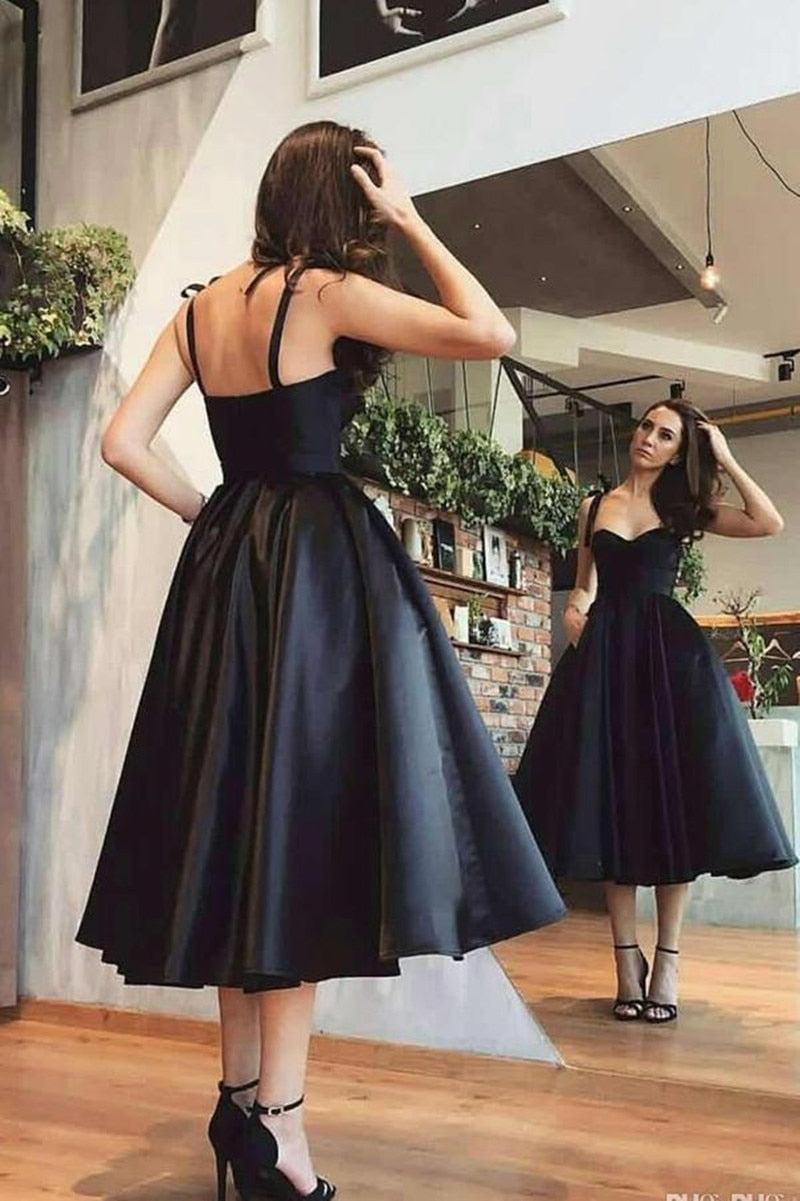 Black Prom Dress A Line Sweetheart Satin Tea Length Party Dress