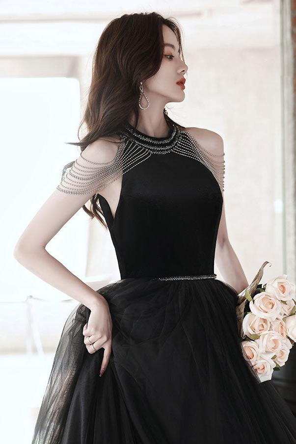 Black Prom Dress A Line Tulle Beaded Long Evening Dress