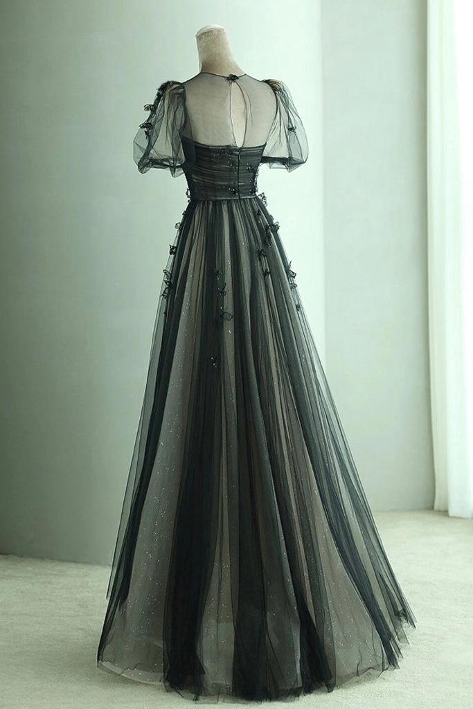 Black Prom Dress A Line Tulle Butterfly Long Evening Dress