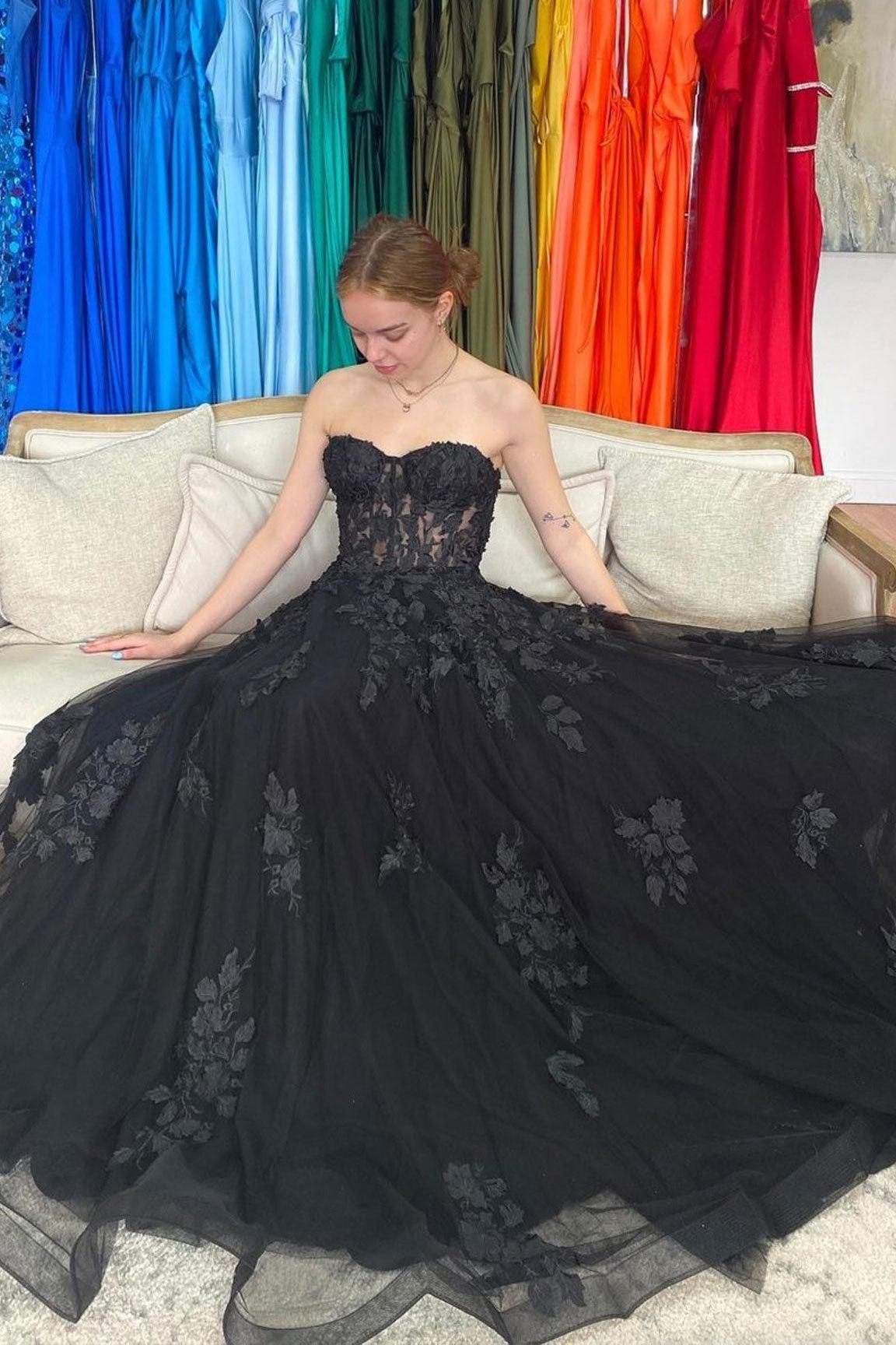 Black Prom Dress A Line Tulle Lace Long Formal Dress Evening Dress
