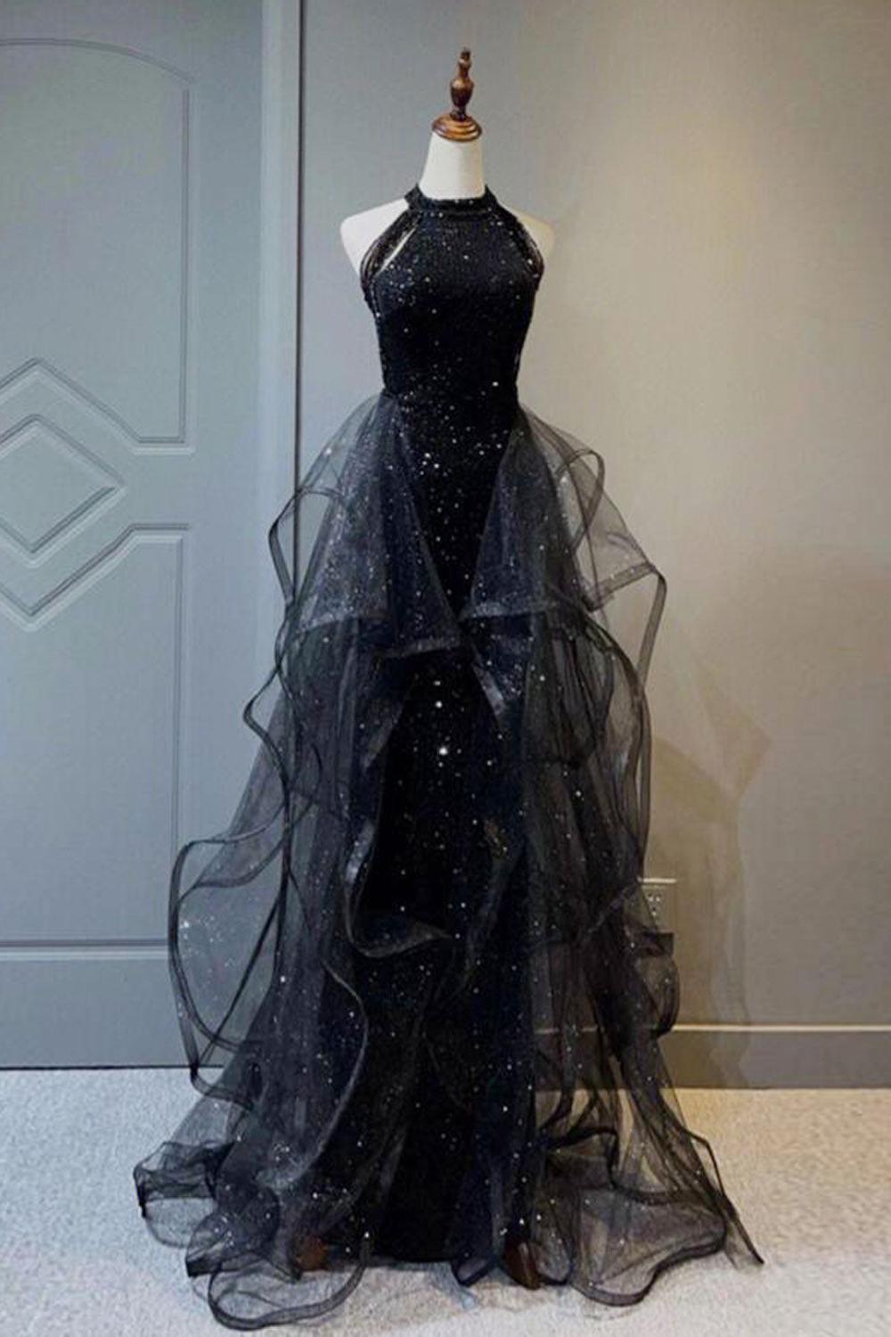 Black Prom Dress A Line Tulle Long Formal Evening Dress