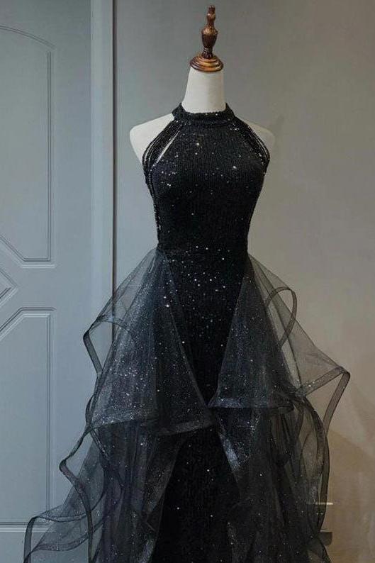 Black Prom Dress A Line Tulle Long Formal Evening Dress