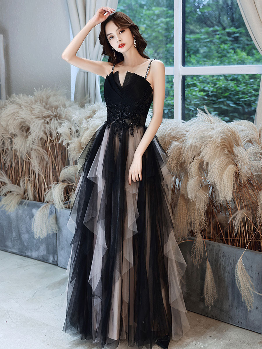 Black Prom Dress A Line Tulle Long Lace Formal Gown Evening Dress