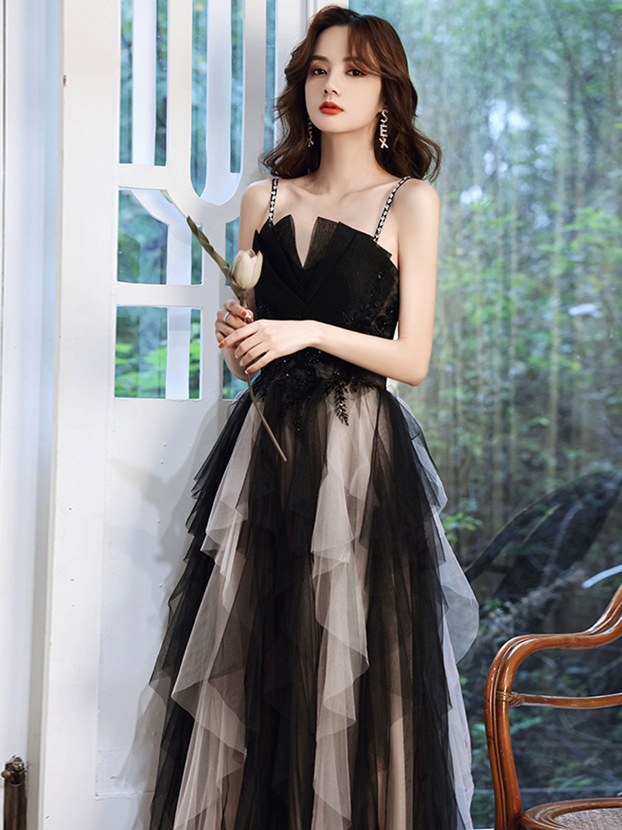 Black Prom Dress A Line Tulle Long Lace Formal Gown Evening Dress