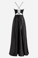 Black Prom Dress A Line V Neck Satin Elegant Evening Dress with Split