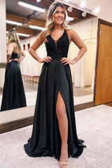 Black Prom Dress A Line V Neck Satin Elegant Evening Dress with Split