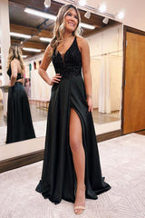Black Prom Dress A Line V Neck Satin Elegant Evening Dress with Split