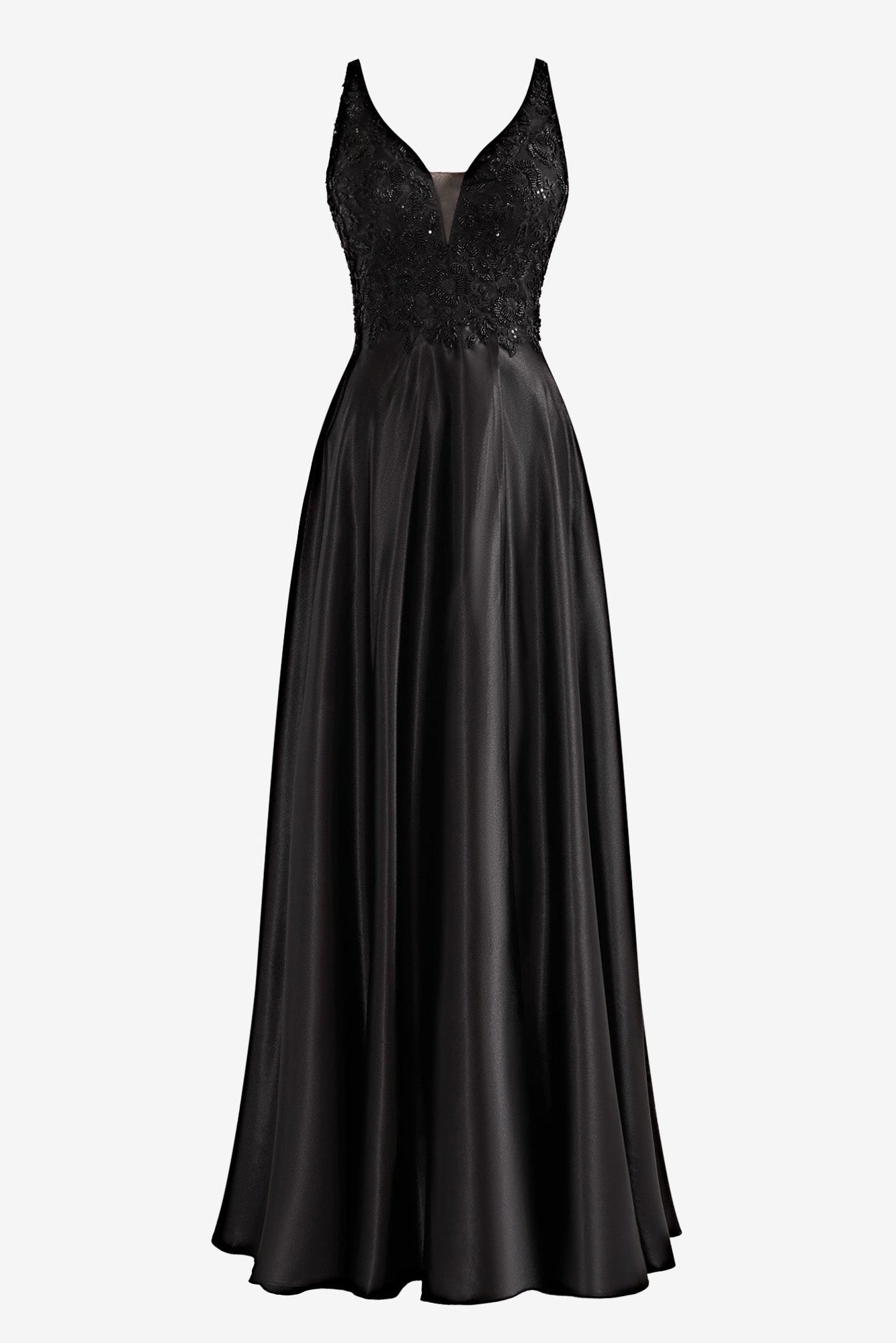 Black Prom Dress A Line V Neck Satin Elegant Evening Dress with Split