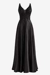 Black Prom Dress A Line V Neck Satin Elegant Evening Dress with Split
