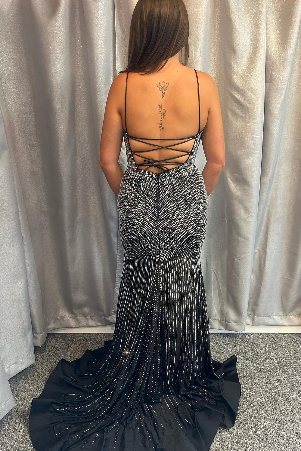 Black Prom Dress Beaded Mermaid Spaghetti Straps Long Evening Dress with Slit