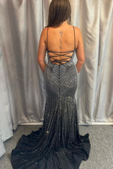 Black Prom Dress Beaded Mermaid Spaghetti Straps Long Evening Dress with Slit