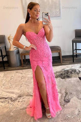 Black Prom Dress Corset Sweetheart Long Lace Mermaid Evening Dress with Slit