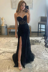 Black Prom Dress Corset Sweetheart Long Lace Mermaid Evening Dress with Slit