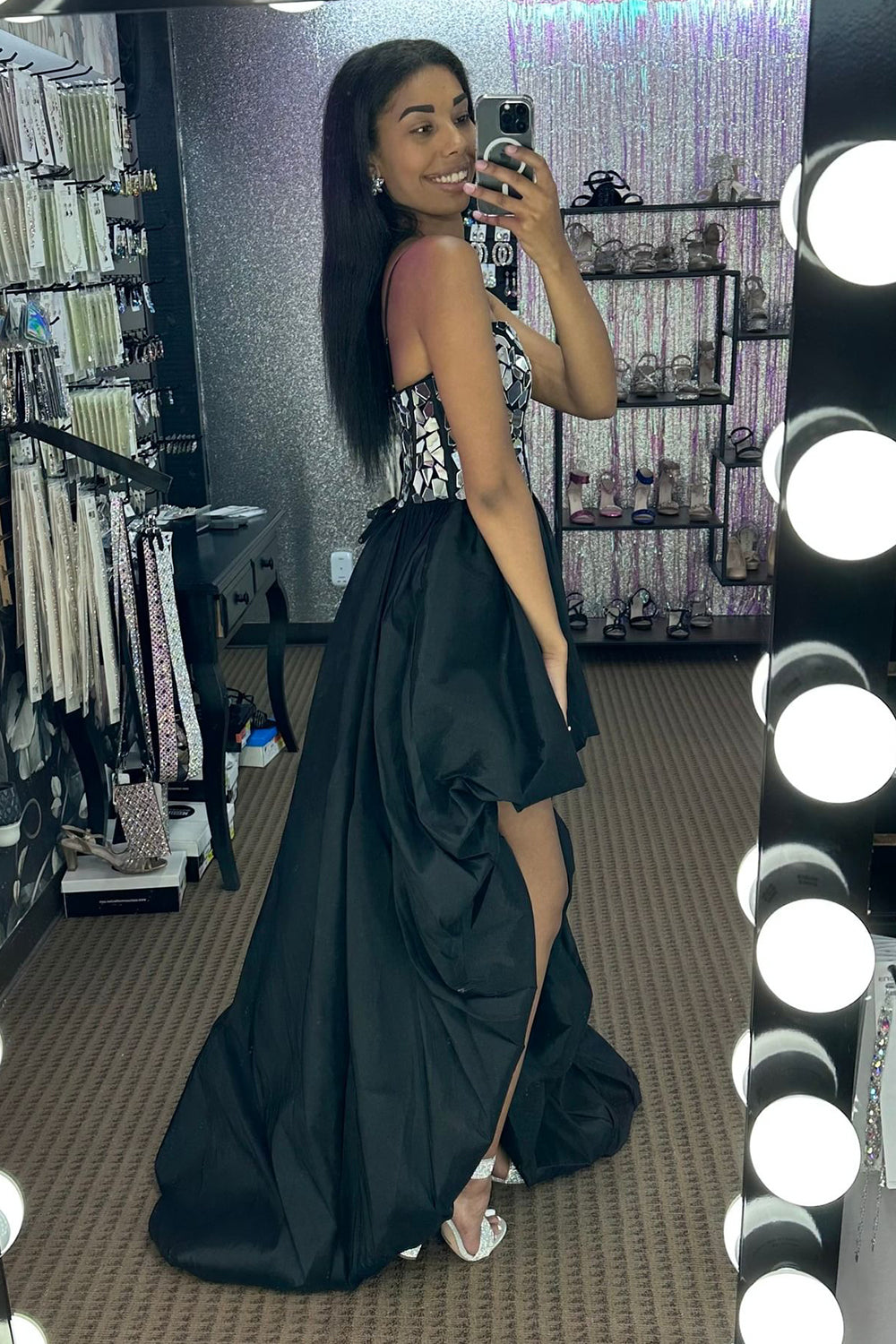 Black Prom Dress High Low Satin A Line Mirror Homecoming Dress